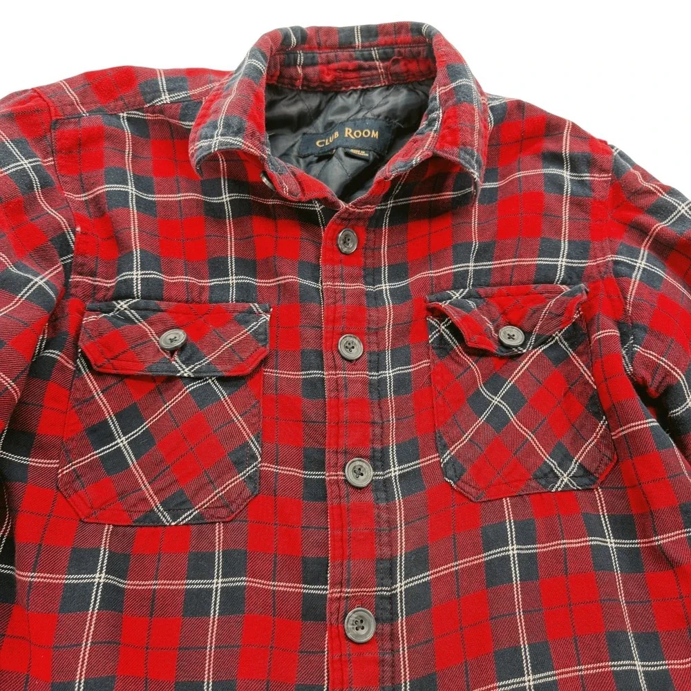 Club Room Mens Shirt Jacket XL Red Blue Plaid Quilted Lined Flannel Cotton Blend